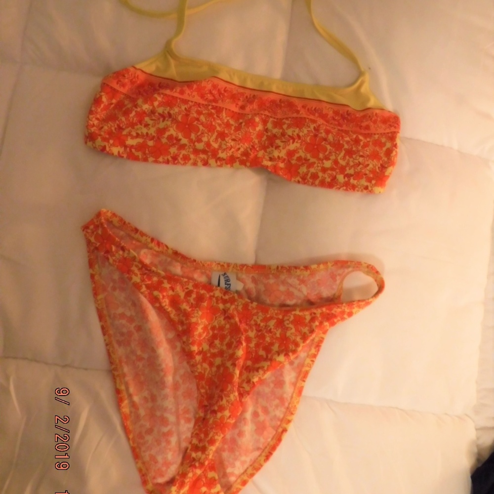 2 piece bathing suit, orange and yellow.